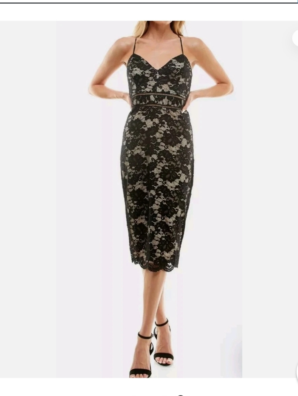 Socialite Black Lace Illusion Midi Dress with Nude Underlay. NWT Size Small